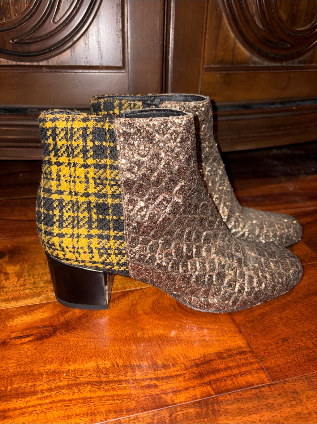 Sam Edelman "Edith" Gold Glitter / Yellow Plaid Ankle Booties